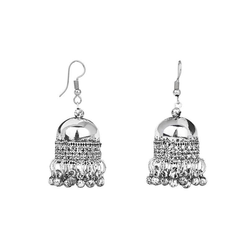 Navratri Ethnic Silver Oxidised Mirror Work Ghungroo Necklace Jewellery With Jhumka Earrings Set 