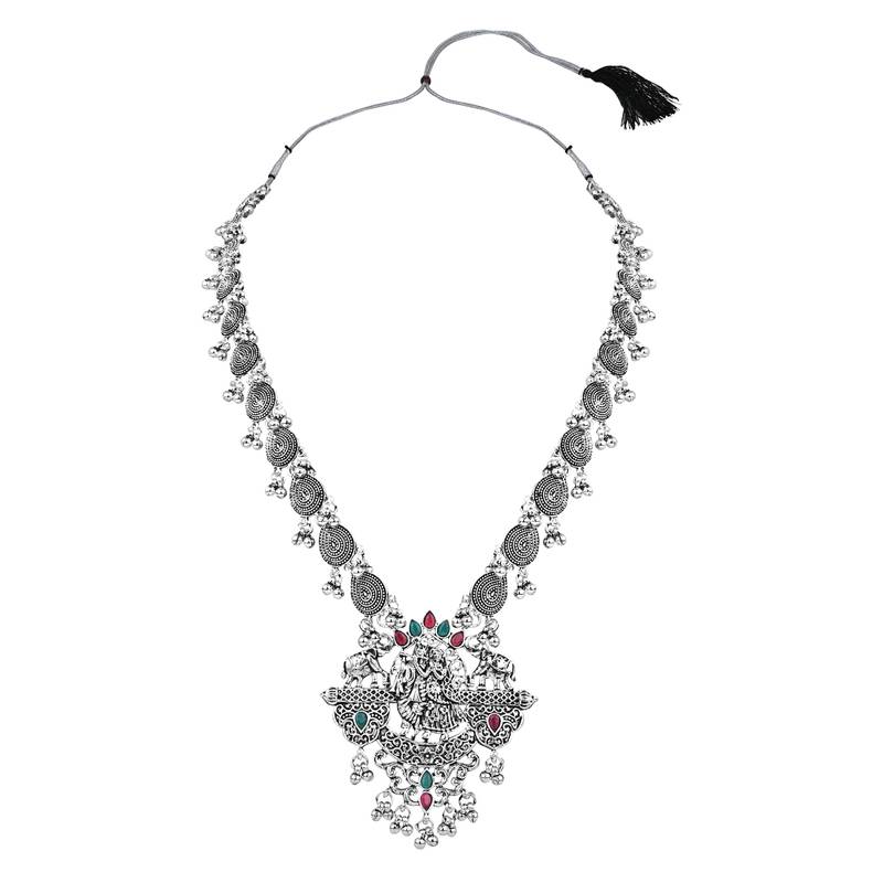 Navratri Ethnic Stylish Silver Oxidised Radha Krishna Design Long Necklace Jewellery Set 