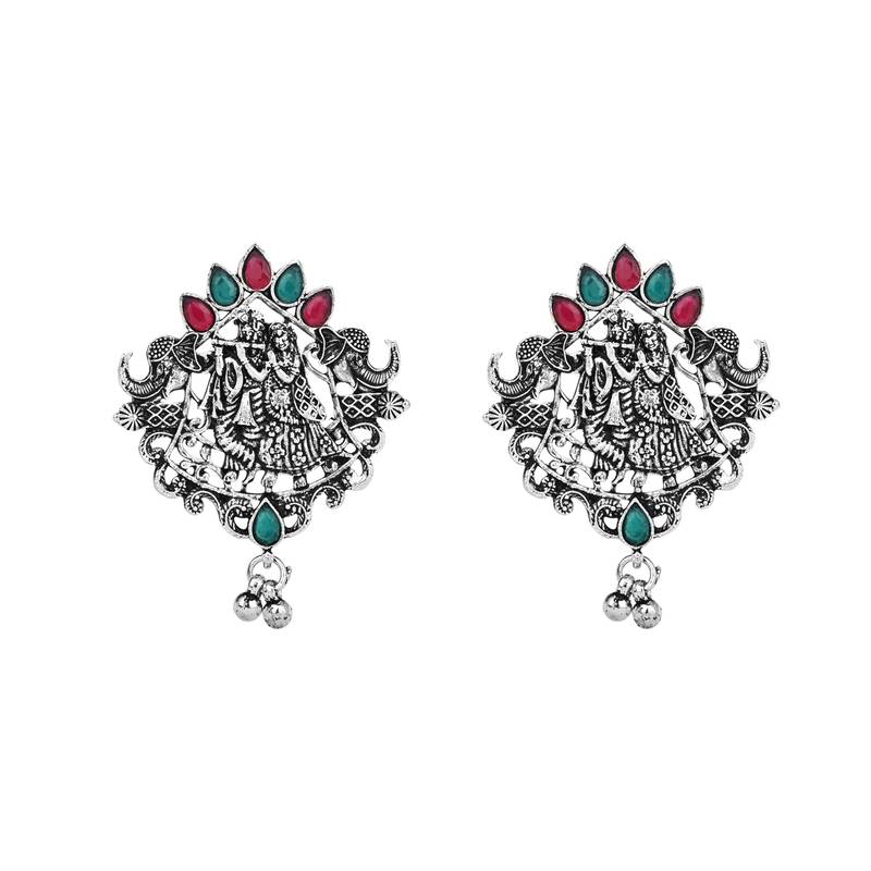 Navratri Ethnic Stylish Silver Oxidised Radha Krishna Design Long Necklace Jewellery Set 