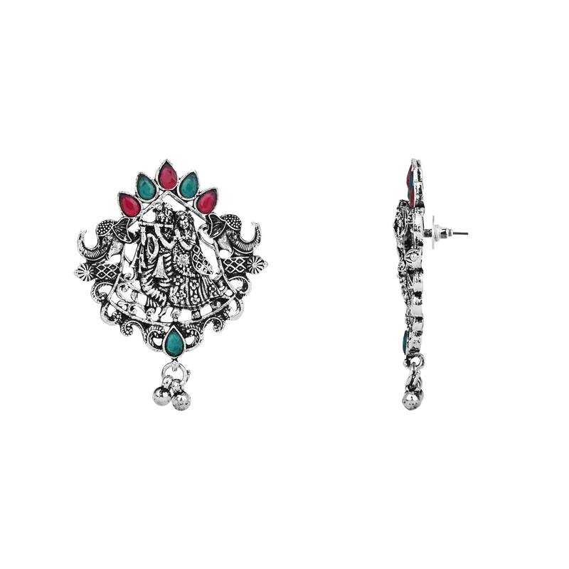 Navratri Ethnic Stylish Silver Oxidised Radha Krishna Design Long Necklace Jewellery Set 