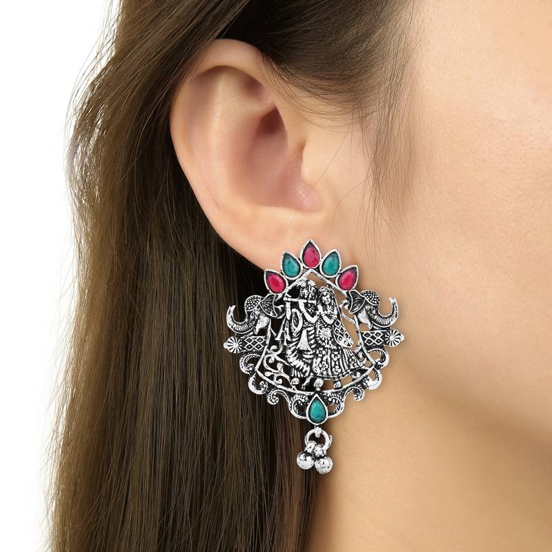 Navratri Ethnic Stylish Silver Oxidised Radha Krishna Design Long Necklace Jewellery Set 