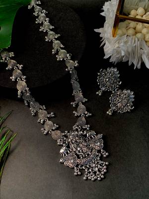 Navratri Ethnic Stylish Silver Oxidised Radha Krishna Design Long Necklace Jewellery Set  1