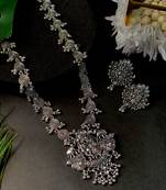 Navratri Ethnic Stylish Silver Oxidised Radha Krishna Design Long Necklace Jewellery Set 