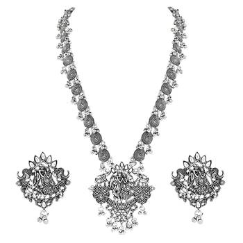 Navratri Ethnic Stylish Silver Oxidised Radha Krishna Design Long Necklace Jewellery Set  2