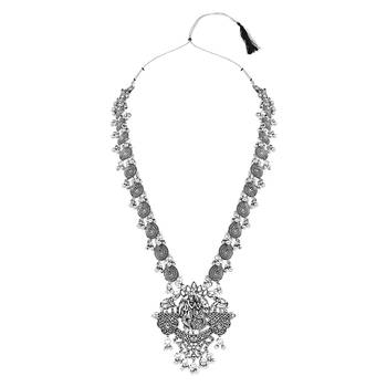 Navratri Ethnic Stylish Silver Oxidised Radha Krishna Design Long Necklace Jewellery Set  3