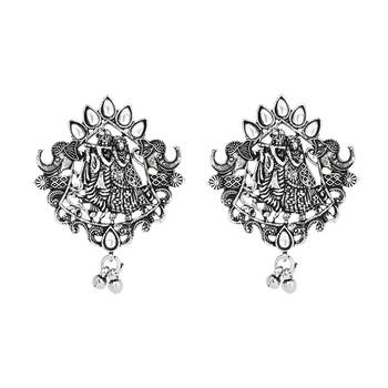 Navratri Ethnic Stylish Silver Oxidised Radha Krishna Design Long Necklace Jewellery Set  4