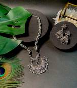 Navratri Ethnic Silver Oxidised Floral Design Ghungroo Long Necklace Jewellery With Jhumka Earrings Set MC169OX