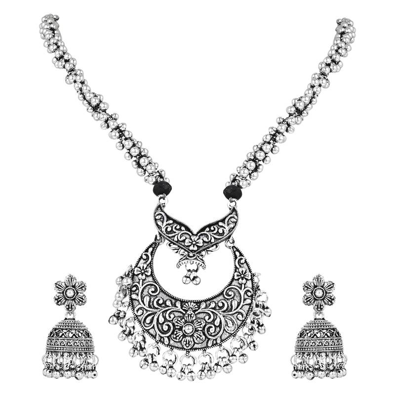 Navratri Ethnic Silver Oxidised Floral Design Ghungroo Long Necklace Jewellery With Jhumka Earrings Set MC169OX