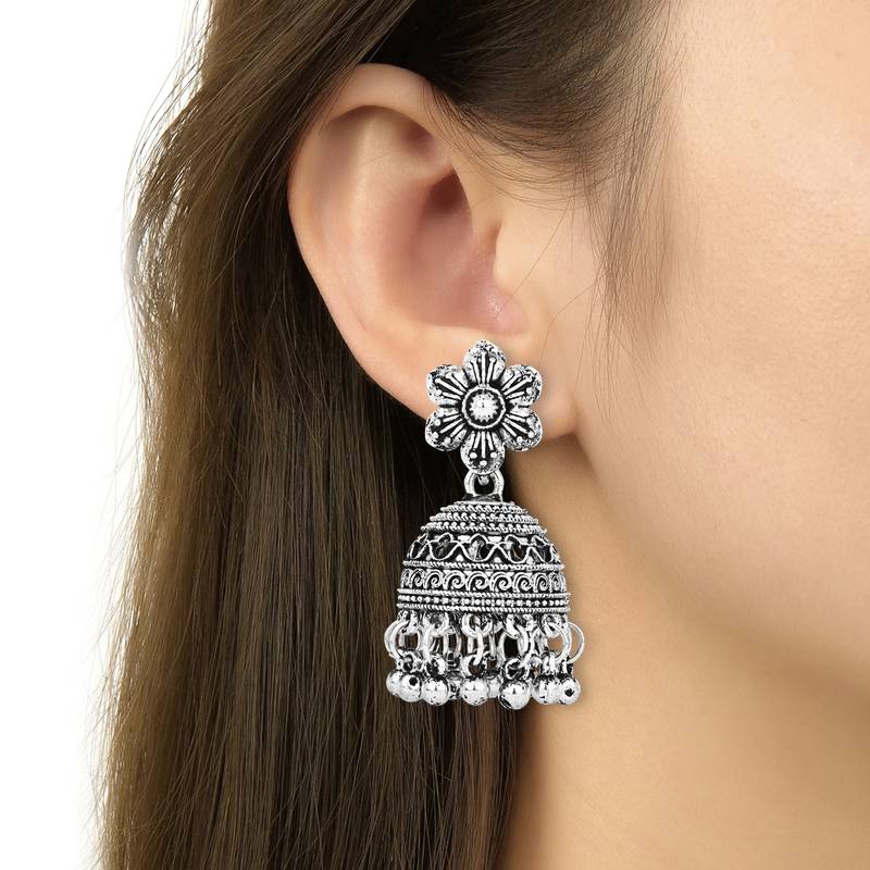 Navratri Ethnic Silver Oxidised Floral Design Ghungroo Long Necklace Jewellery With Jhumka Earrings Set MC169OX