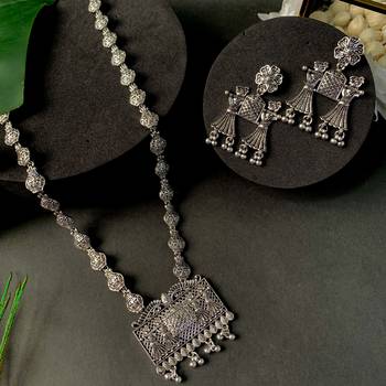 Navratri Ethnic Silver Oxidised Long Necklace Jewellery With Drop Earrings Set For Women/Girls (MC170OX) 1