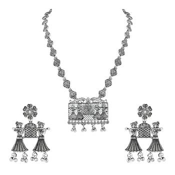 Navratri Ethnic Silver Oxidised Long Necklace Jewellery With Drop Earrings Set For Women/Girls (MC170OX) 2
