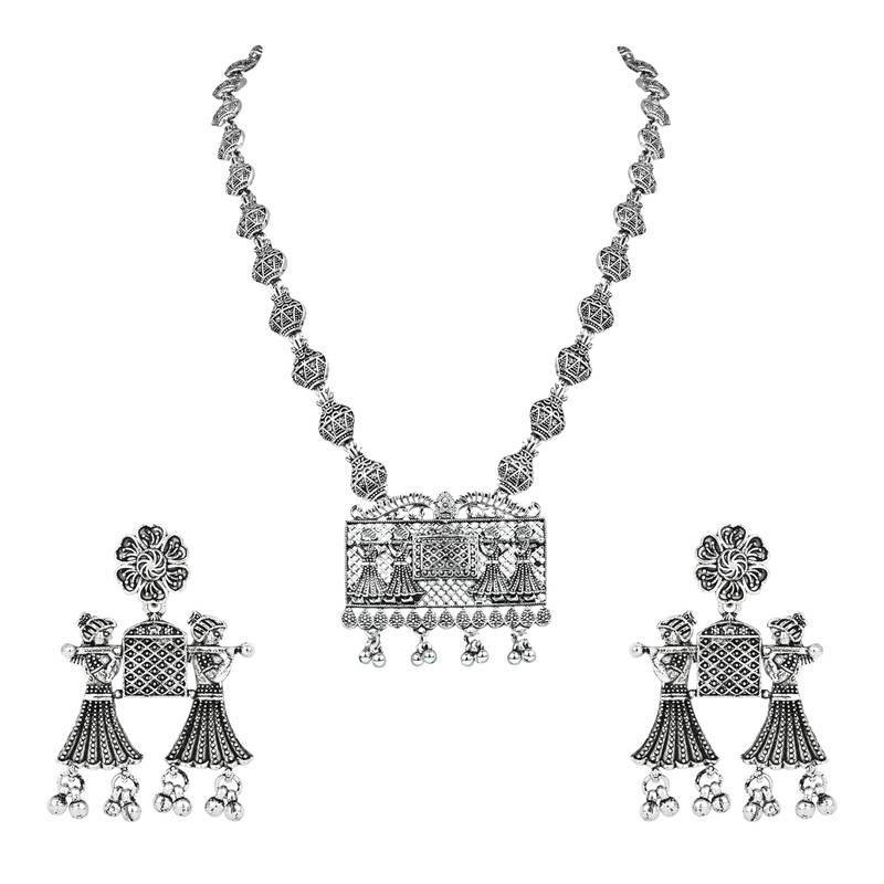 Navratri Ethnic Silver Oxidised Long Necklace Jewellery With Drop Earrings Set For Women/Girls (MC170OX)
