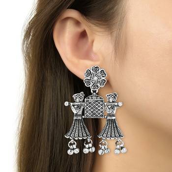 Navratri Ethnic Silver Oxidised Long Necklace Jewellery With Drop Earrings Set For Women/Girls (MC170OX) 3