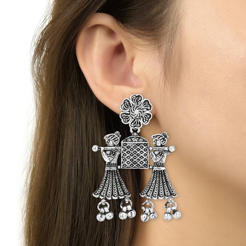 Navratri Ethnic Silver Oxidised Long Necklace Jewellery With Drop Earrings Set For Women/Girls (MC170OX)