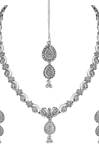 Navratri Ethnic Silver Oxidised Floral Design Ghungroo Long Necklace Jewellery With Jhumka Earrings Set MC171OX