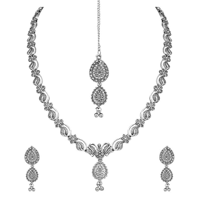 Navratri Ethnic Silver Oxidised Floral Design Ghungroo Long Necklace Jewellery With Jhumka Earrings Set MC171OX