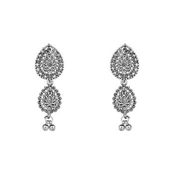 Navratri Ethnic Silver Oxidised Floral Design Ghungroo Long Necklace Jewellery With Jhumka Earrings Set MC171OX 3