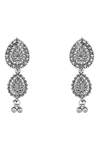 Navratri Ethnic Silver Oxidised Floral Design Ghungroo Long Necklace Jewellery With Jhumka Earrings Set MC171OX