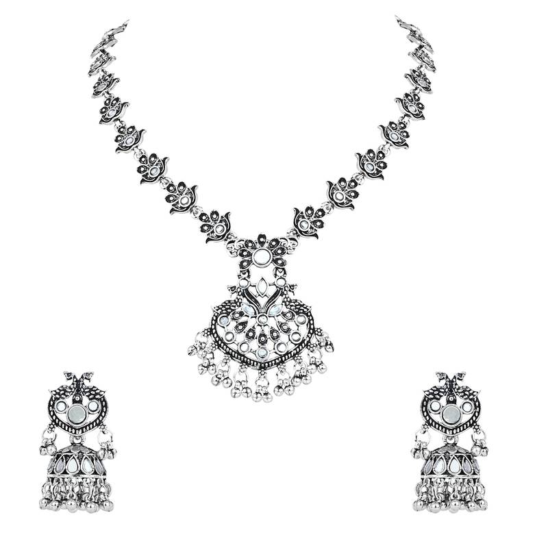 Navratri Ethnic Silver Oxidised Afghani Mirror Work Choker Necklace Jewellery Set With Earrings For Women
