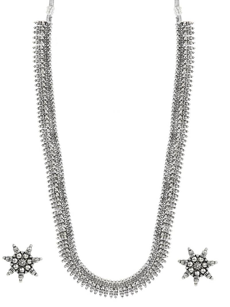 Navratri Ethnic Silver Oxidised Traditional Long Necklace & Earrings Jewellery Set For Women & Girls 