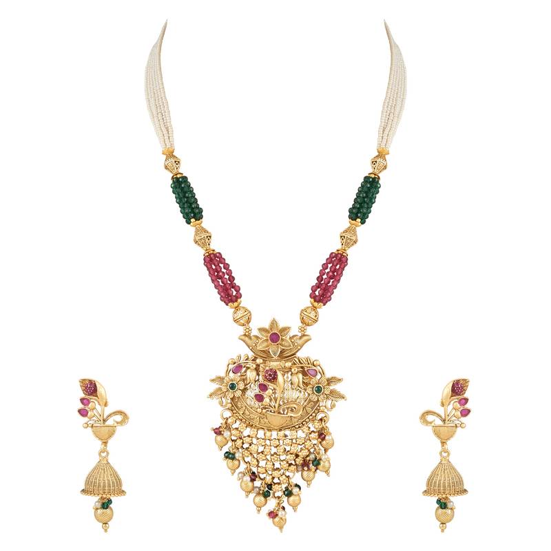 Gold Plated Traditional Antique Temple Brass Long Pearl Necklace Jewellery With Jhumki Earrings Set 