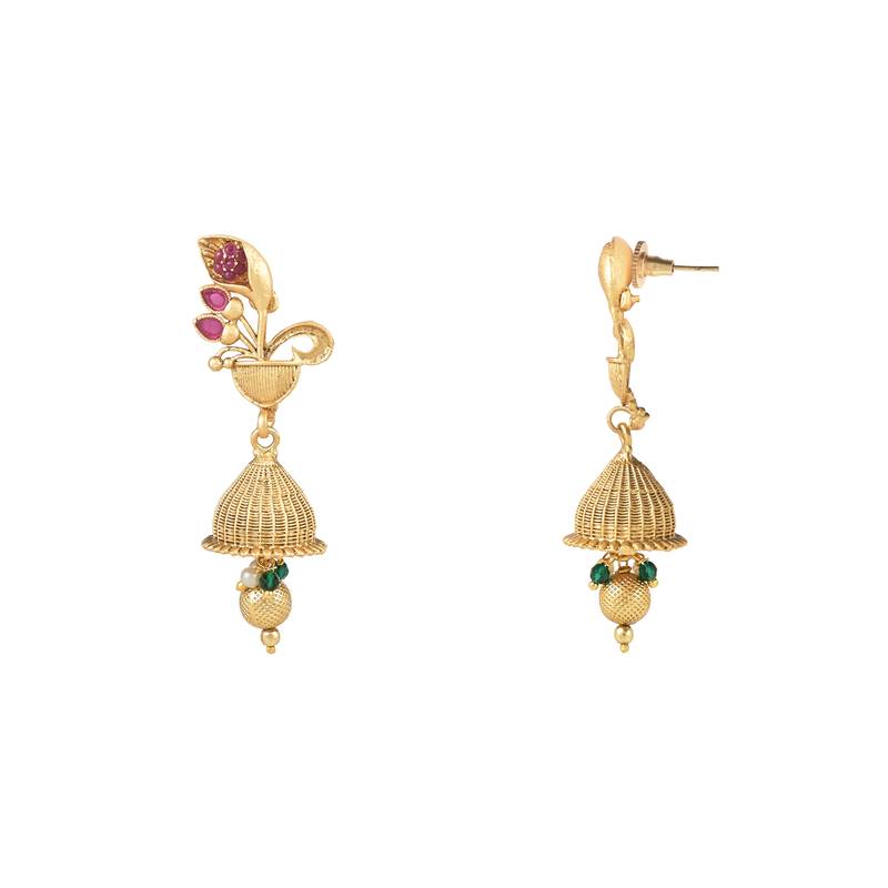 Gold Plated Traditional Antique Temple Brass Long Pearl Necklace Jewellery With Jhumki Earrings Set 