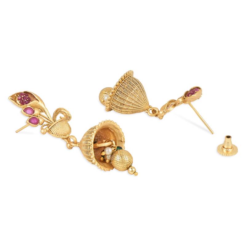 Gold Plated Traditional Antique Temple Brass Long Pearl Necklace Jewellery With Jhumki Earrings Set 