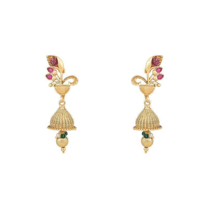 Gold Plated Traditional Antique Temple Brass Long Pearl Necklace Jewellery With Jhumki Earrings Set 