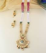 Gold Plated Traditional Antique Temple Brass Jewellery Long Pearl Necklace With Jhumki Earrings Set 