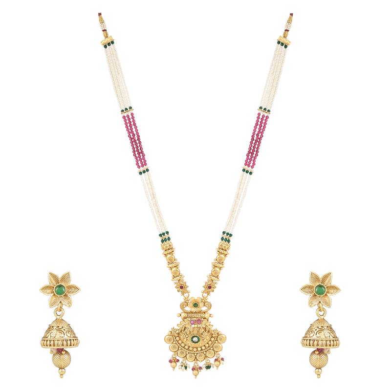 Gold Plated Traditional Antique Temple Brass Jewellery Long Pearl Necklace With Jhumki Earrings Set 