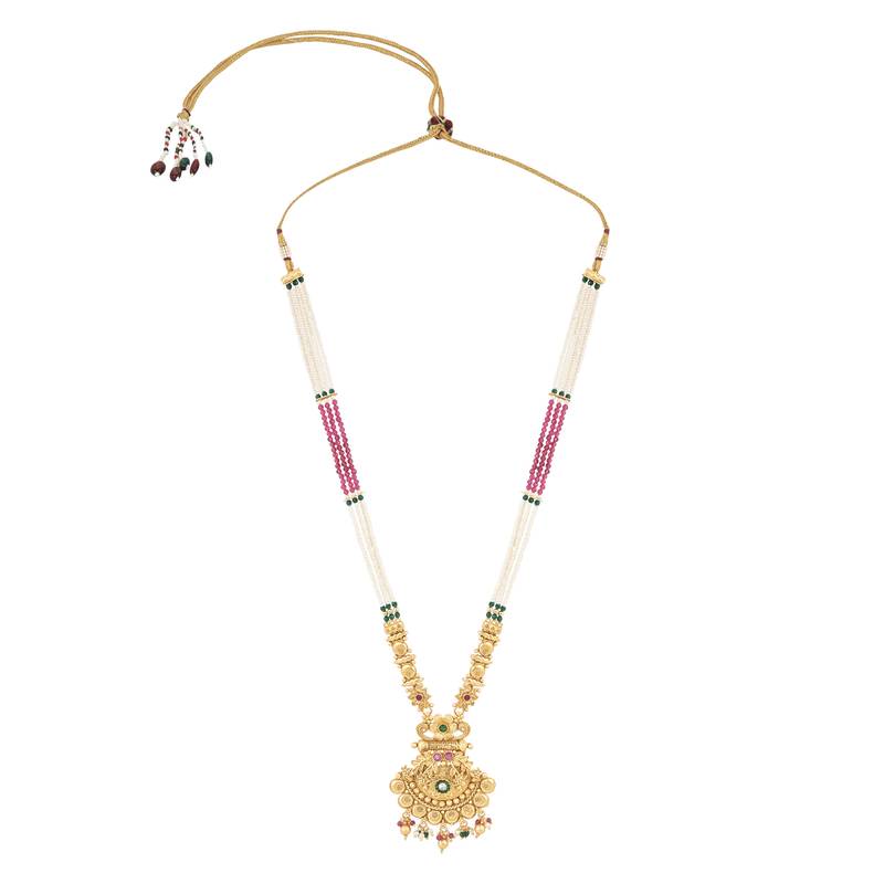 Gold Plated Traditional Antique Temple Brass Jewellery Long Pearl Necklace With Jhumki Earrings Set 