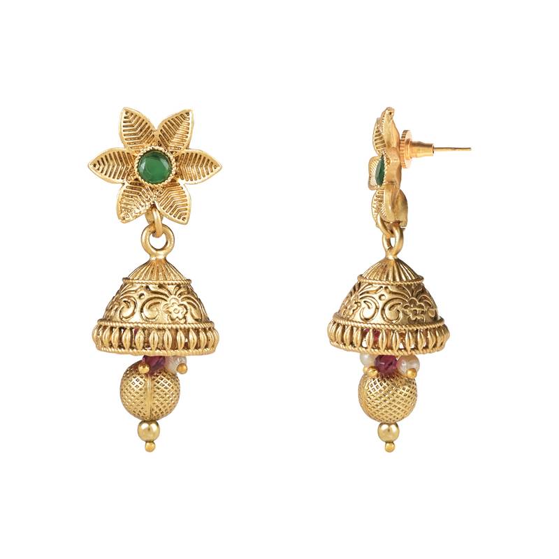 Gold Plated Traditional Antique Temple Brass Jewellery Long Pearl Necklace With Jhumki Earrings Set 
