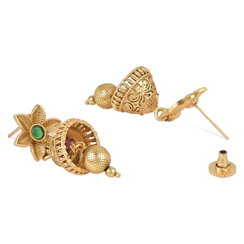 Gold Plated Traditional Antique Temple Brass Jewellery Long Pearl Necklace With Jhumki Earrings Set 
