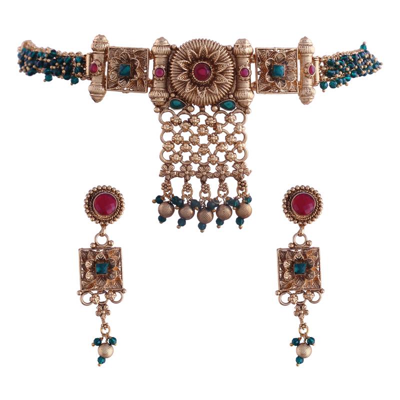 Gold Plated Traditional Brass Pearl Choker Necklace With Earrings for Women/Girls 