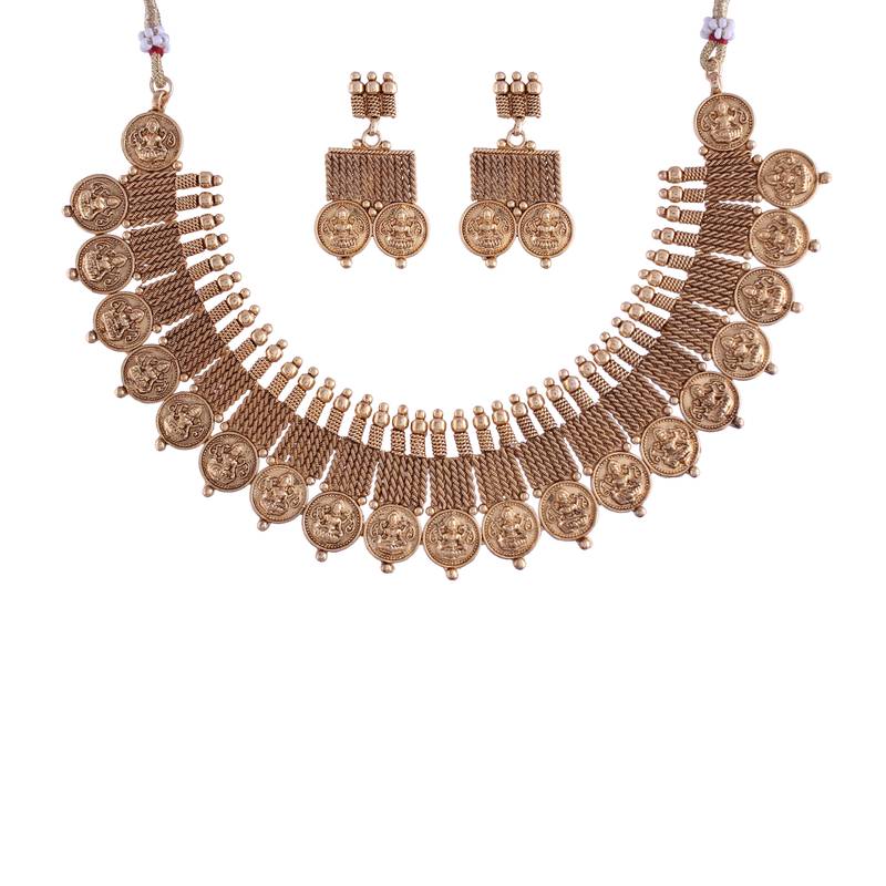 18K Gold Plated Traditional Style Choker Necklace Jewellery Set for Women/Girls 