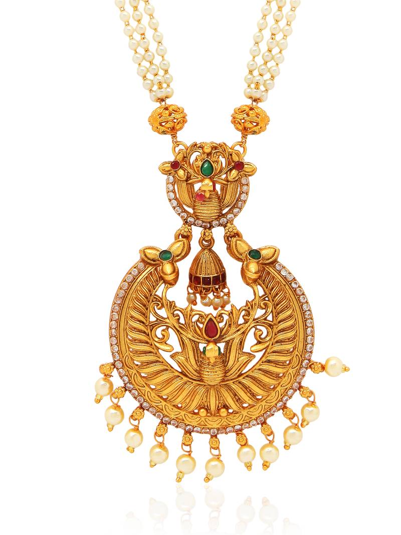 18K Gold Plated Traditional Antique Temple Jewellery Long Necklace With Earrings For Women & Girls (MC081MG)
