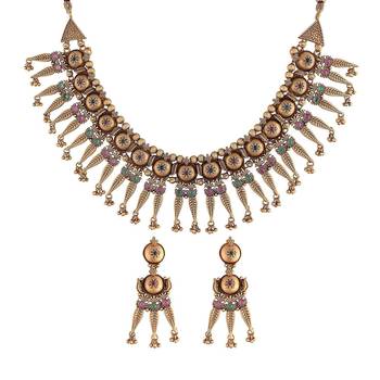 Women's Rajwadi Gold Plated Traditional Brass Choker Set with Earrings Intricately Engraved 1