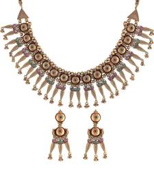 Women's Rajwadi Gold Plated Traditional Brass Choker Set with Earrings Intricately Engraved