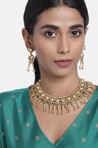 Women's Rajwadi Gold Plated Traditional Brass Choker Set with Earrings Intricately Engraved