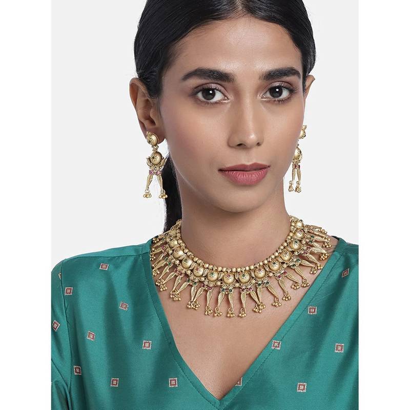 Women's Rajwadi Gold Plated Traditional Brass Choker Set with Earrings Intricately Engraved