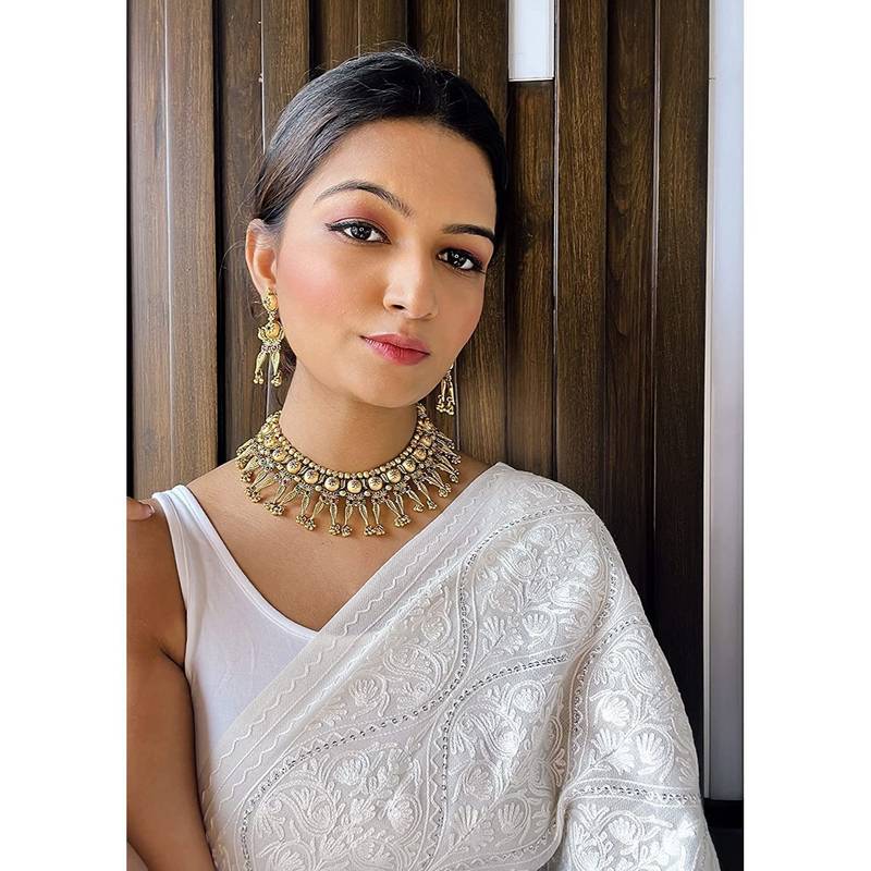 Women's Rajwadi Gold Plated Traditional Brass Choker Set with Earrings Intricately Engraved