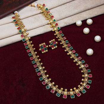 Gold Plated Traditional Stylish Multicolour Stone Work Long Necklace With Earrings & Girls  1