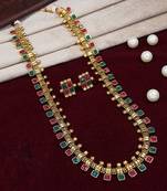 Gold Plated Traditional Stylish Multicolour Stone Work Long Necklace With Earrings & Girls 