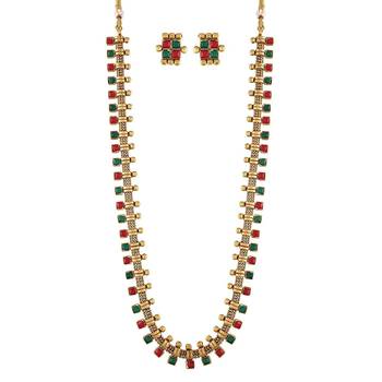 Gold Plated Traditional Stylish Multicolour Stone Work Long Necklace With Earrings & Girls  2