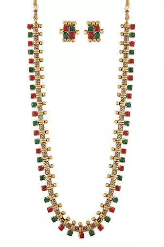 Gold Plated Traditional Stylish Multicolour Stone Work Long Necklace With Earrings & Girls 