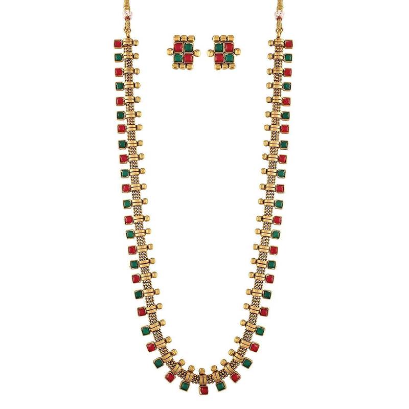 Gold Plated Traditional Stylish Multicolour Stone Work Long Necklace With Earrings & Girls 