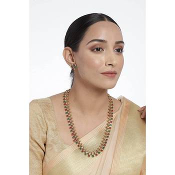 Gold Plated Traditional Stylish Multicolour Stone Work Long Necklace With Earrings & Girls  3