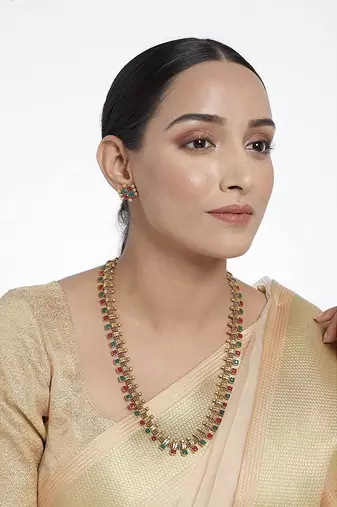 Gold Plated Traditional Stylish Multicolour Stone Work Long Necklace With Earrings & Girls 