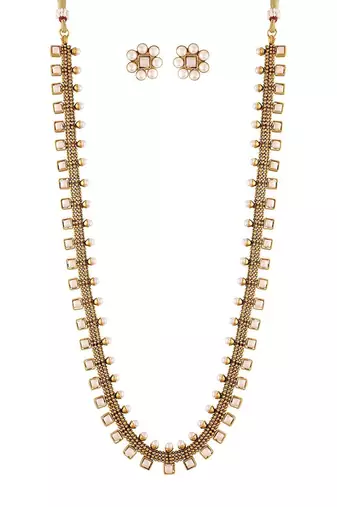 18K Gold Plated Traditional Stylish Multicolour Stone Work Long Necklace With Earrings & Girls (MC041W)