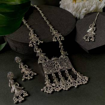 Navratri Ethnic Silver Oxidised Inspired by Garba With Peacock and Elephant Design Jewellery Set  1